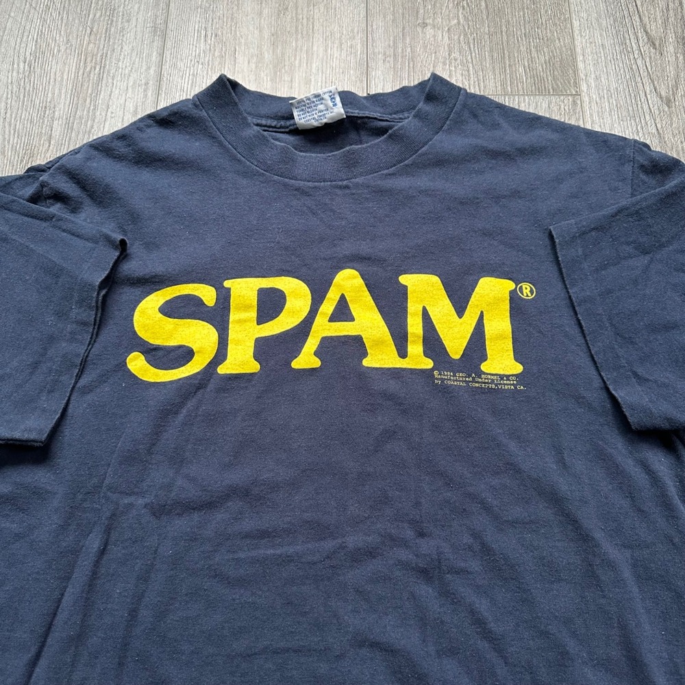 Vintage 90s single stitch SPAM Yellow Logo Graphic T-Shirt Navy Blue Men's L